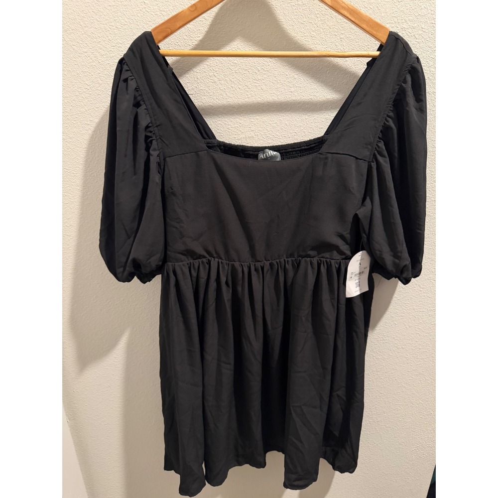 Arula Black Puff Sleeve Smocked Back Babydoll Mini Dress 1X ISK2027DARU